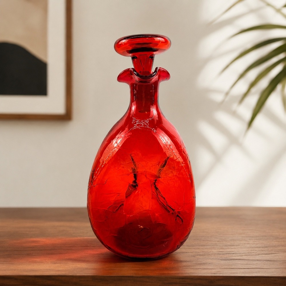 Blenko 49 Tangerine Crackle Glass Pinched Decanter w Original Stopper